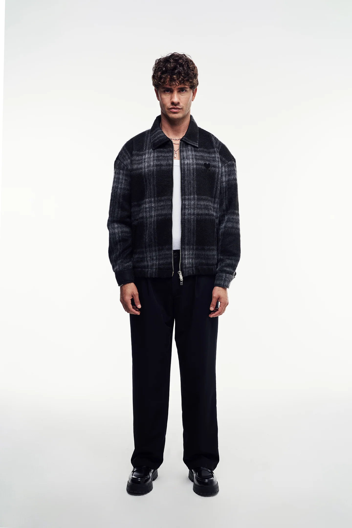 Yün Karışımlı Ekose Kaşe Mont - Siyah