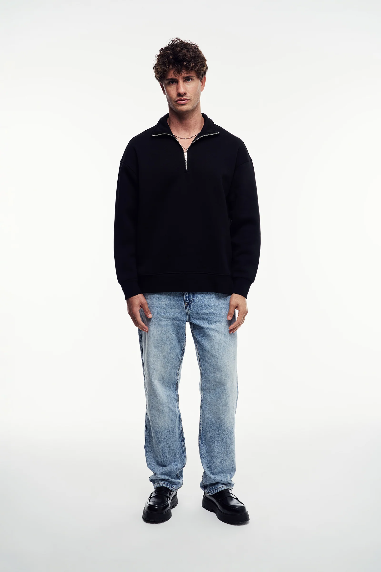 Loose Fit Yarım Fermuarlı Sweatshirt - Siyah